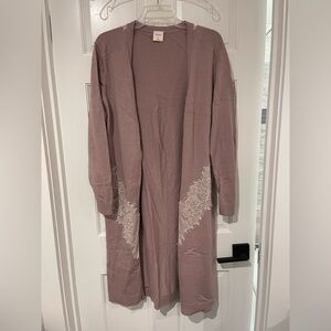 Long Mauve Cardigan duster sweater with Lace Accents